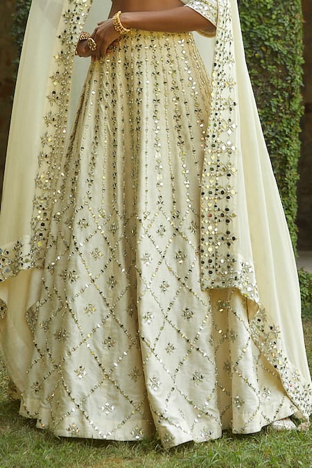 Buy_Shian_White Georgette, Dupion Silk Cutdana, Mirror Embroidered Bridal Lehenga Set _Online_at_Aza_Fashions