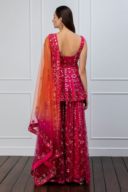 Shop Shian Pink Net Dori Work, Mirror, Thread V Neck Embroidered Kurta And Sharara Set at Aza Fashions Shop_Shian_Pink Net Dori Work, Mirror, Thread V Neck Embroidered Kurta And Sharara Set _at_Aza_Fashions