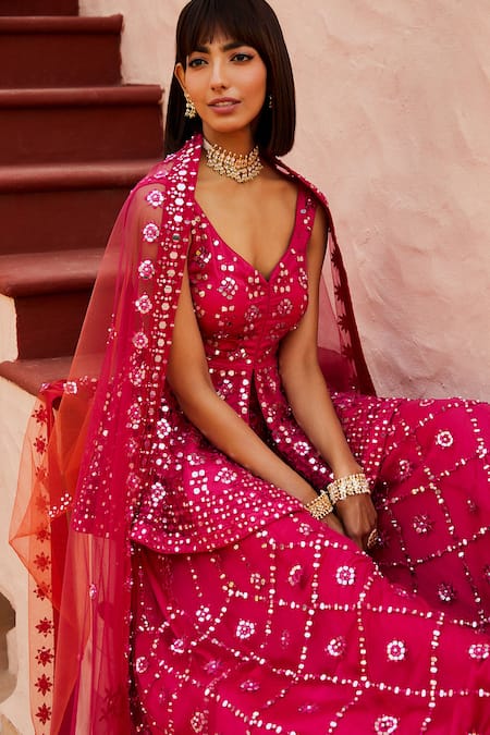 Shian Pink Net Dori Work, Mirror, Thread V Neck Embroidered Kurta And Sharara Set Online at Aza Fashions Shian_Pink Net Dori Work, Mirror, Thread V Neck Embroidered Kurta And Sharara Set _Online_at_Aza_Fashions