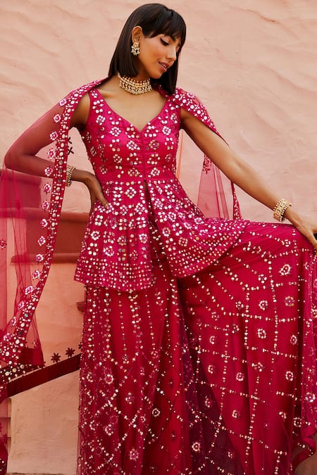 Shop Shian Pink Net Dori Work, Mirror, Thread V Neck Embroidered Kurta And Sharara Set Online at Aza Fashions Shop_Shian_Pink Net Dori Work, Mirror, Thread V Neck Embroidered Kurta And Sharara Set _Online_at_Aza_Fashions