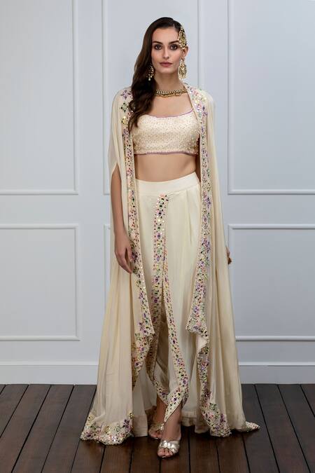Shian Beige Crepe, Dupion Silk Mirror Work, Pearls Embellished Cape And Dhoti Pant Set Online at Aza Fashions Shian_Beige Crepe, Dupion Silk Mirror Work, Pearls Embellished Cape And Dhoti Pant Set _Online_at_Aza_Fashions