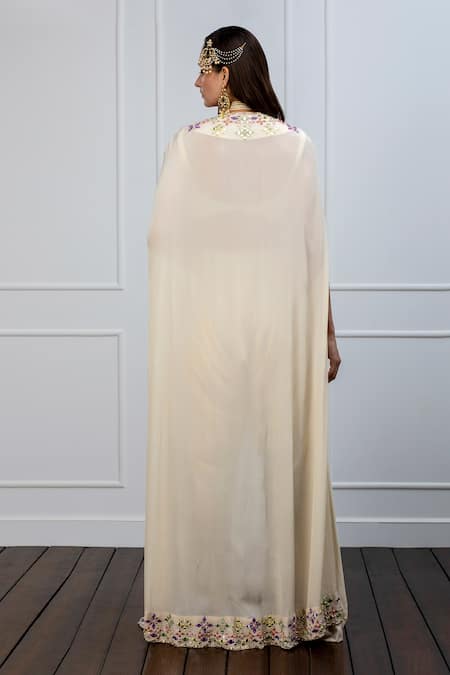 Shop Shian Beige Crepe, Dupion Silk Mirror Work, Pearls Embellished Cape And Dhoti Pant Set at Aza Fashions Shop_Shian_Beige Crepe, Dupion Silk Mirror Work, Pearls Embellished Cape And Dhoti Pant Set _at_Aza_Fashions