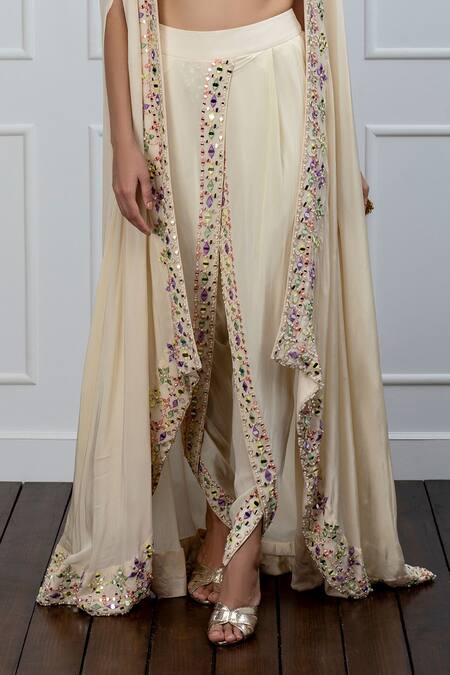 Buy Shian Beige Crepe, Dupion Silk Mirror Work, Pearls Embellished Cape And Dhoti Pant Set Online at Aza Fashions Buy_Shian_Beige Crepe, Dupion Silk Mirror Work, Pearls Embellished Cape And Dhoti Pant Set _Online_at_Aza_Fashions