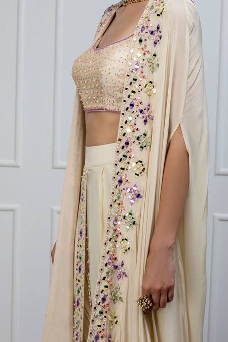 Shop Shian Beige Crepe, Dupion Silk Mirror Work, Pearls Embellished Cape And Dhoti Pant Set Online at Aza Fashions Shop_Shian_Beige Crepe, Dupion Silk Mirror Work, Pearls Embellished Cape And Dhoti Pant Set _Online_at_Aza_Fashions