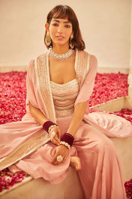 Shop_Shian_Pink Crepe, Dupion Silk Gota , Sequin Embellished Cape And Kurta Set _at_Aza_Fashions