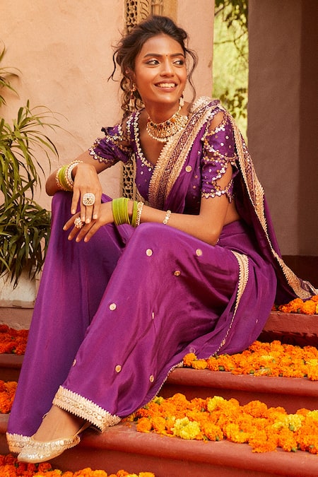 Shian_Purple Crepe, Dupion Silk Gota, Sequin Hand Embroidered Dhoti Saree Set _Online_at_Aza_Fashions