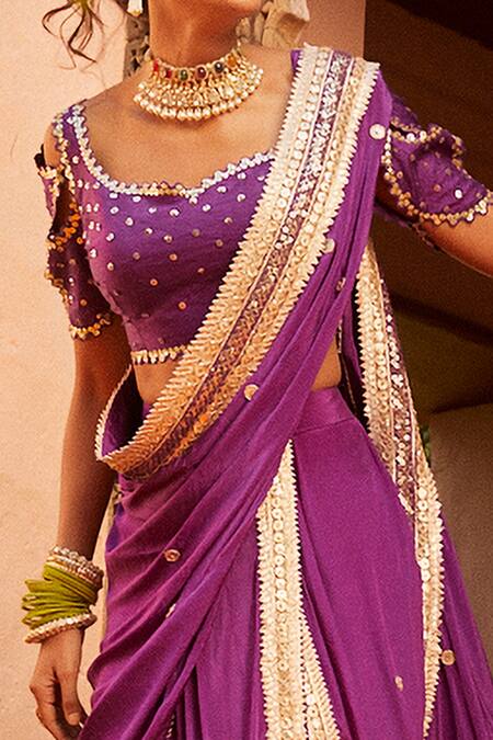 Buy_Shian_Purple Crepe, Dupion Silk Gota, Sequin Hand Embroidered Dhoti Saree Set _Online_at_Aza_Fashions