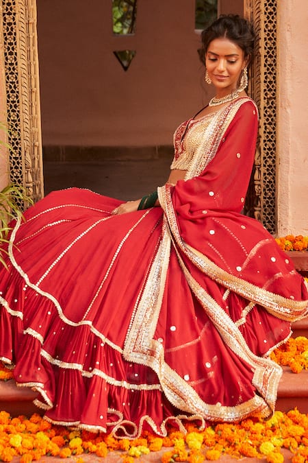 Shop Shian Red Georgette, Dupion Silk Gota Work, Sequin Hand Embroidered Bridal Lehenga Set at Aza Fashions Shop_Shian_Red Georgette, Dupion Silk Gota Work, Sequin Hand Embroidered Bridal Lehenga Set _at_Aza_Fashions