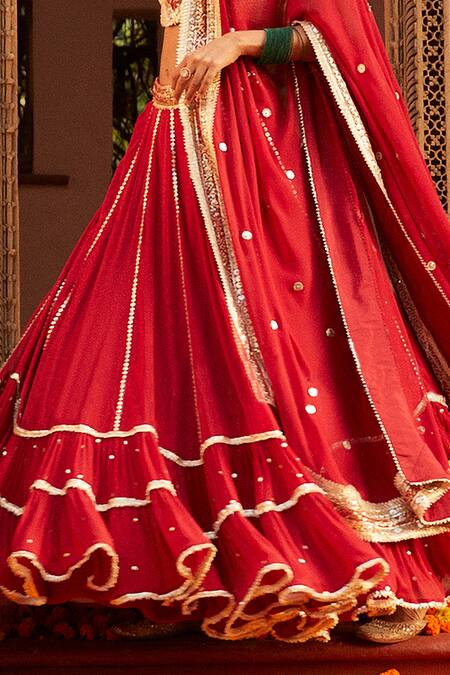 Shian Red Georgette, Dupion Silk Gota Work, Sequin Hand Embroidered Bridal Lehenga Set Online at Aza Fashions Shian_Red Georgette, Dupion Silk Gota Work, Sequin Hand Embroidered Bridal Lehenga Set _Online_at_Aza_Fashions