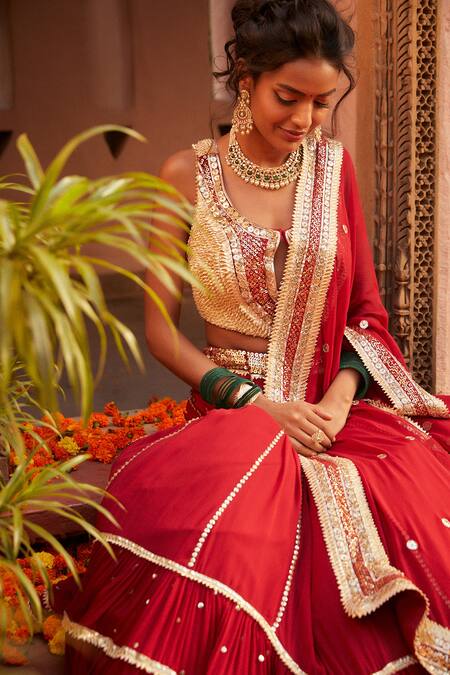 Buy Shian Red Georgette, Dupion Silk Gota Work, Sequin Hand Embroidered Bridal Lehenga Set Online at Aza Fashions Buy_Shian_Red Georgette, Dupion Silk Gota Work, Sequin Hand Embroidered Bridal Lehenga Set _Online_at_Aza_Fashions