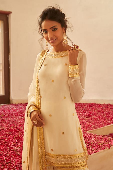 Shop_Shian_White Georgette Gota, Sequin Boat Neck Hand Embroidered Kurta And Sharara Set _at_Aza_Fashions