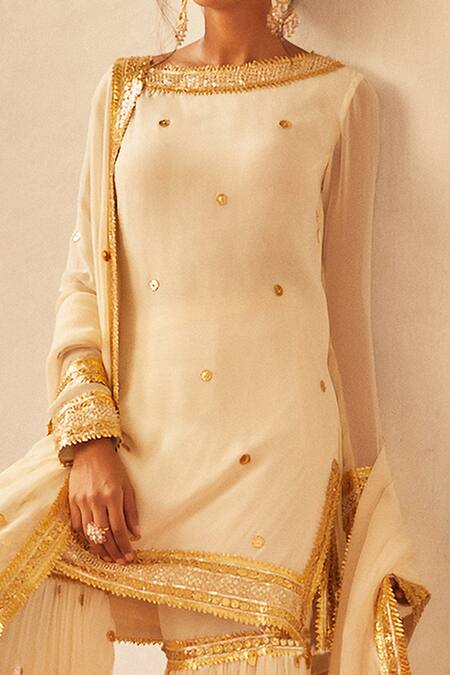 Shian_White Georgette Gota, Sequin Boat Neck Hand Embroidered Kurta And Sharara Set _Online_at_Aza_Fashions
