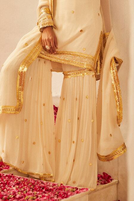 Buy_Shian_White Georgette Gota, Sequin Boat Neck Hand Embroidered Kurta And Sharara Set _Online_at_Aza_Fashions