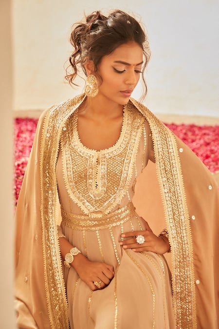 Shop Shian Beige Georgette Gota , Sequin Notched Embroidered Anarkali at Aza Fashions Shop_Shian_Beige Georgette Gota , Sequin Notched Embroidered Anarkali _at_Aza_Fashions