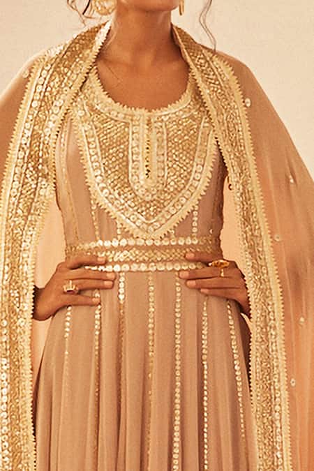 Shian Beige Georgette Gota , Sequin Notched Embroidered Anarkali Online at Aza Fashions Shian_Beige Georgette Gota , Sequin Notched Embroidered Anarkali _Online_at_Aza_Fashions