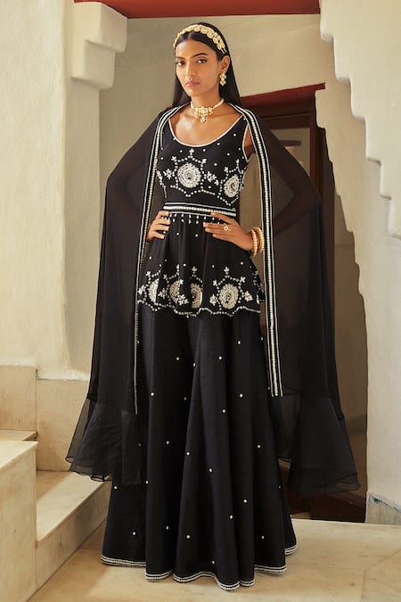 Shop Shian Black Georgette Floral Motifs, Pearls Scoop Neck Embroidered Kurta Sharara Set at Aza Fashions Shop_Shian_Black Georgette Floral Motifs, Pearls Scoop Neck Embroidered Kurta Sharara Set _at_Aza_Fashions