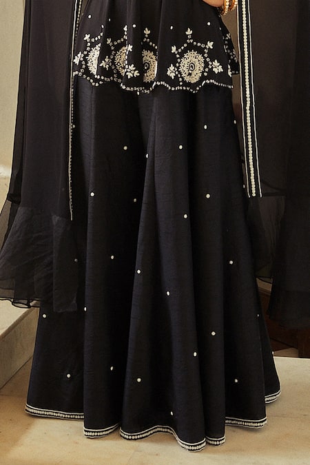 Shian Black Georgette Floral Motifs, Pearls Scoop Neck Embroidered Kurta Sharara Set Online at Aza Fashions Shian_Black Georgette Floral Motifs, Pearls Scoop Neck Embroidered Kurta Sharara Set _Online_at_Aza_Fashions