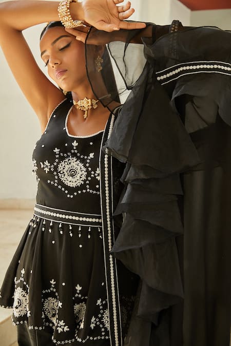 Buy Shian Black Georgette Floral Motifs, Pearls Scoop Neck Embroidered Kurta Sharara Set Online at Aza Fashions Buy_Shian_Black Georgette Floral Motifs, Pearls Scoop Neck Embroidered Kurta Sharara Set _Online_at_Aza_Fashions