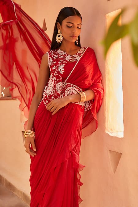 Shop Shian Red Organza, Georgette Floral Motifs, Pearls Round Pre-draped Ruffle Saree Set at Aza Fashions Shop_Shian_Red Organza, Georgette Floral Motifs, Pearls Round Pre-draped Ruffle Saree Set _at_Aza_Fashions