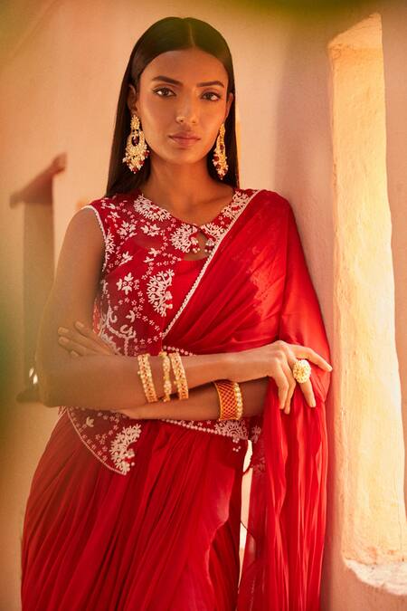 Shian Red Organza, Georgette Floral Motifs, Pearls Round Pre-draped Ruffle Saree Set Online at Aza Fashions Shian_Red Organza, Georgette Floral Motifs, Pearls Round Pre-draped Ruffle Saree Set _Online_at_Aza_Fashions