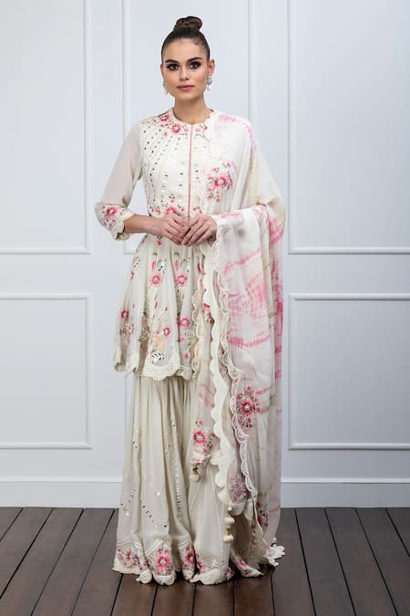 Shian Beige Georgette Mirror Work Round Sharara Set With Tie And Dye Dupatta Online at Aza Fashions Shian_Beige Georgette Mirror Work Round Sharara Set With Tie And Dye Dupatta _Online_at_Aza_Fashions