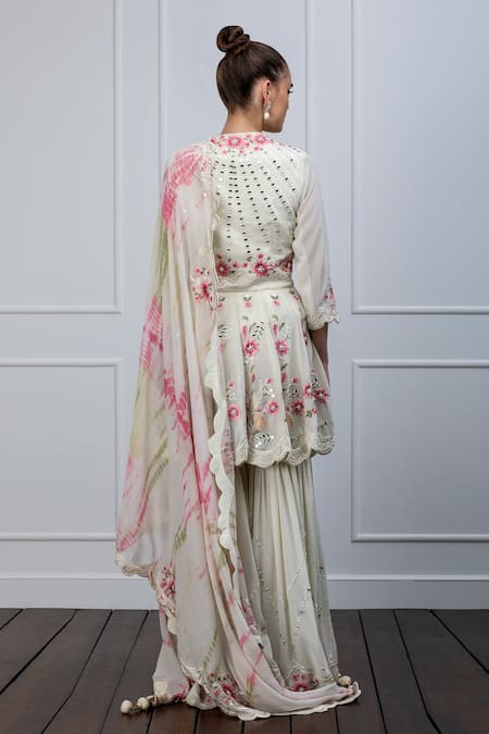 Shop Shian Beige Georgette Mirror Work Round Sharara Set With Tie And Dye Dupatta at Aza Fashions Shop_Shian_Beige Georgette Mirror Work Round Sharara Set With Tie And Dye Dupatta _at_Aza_Fashions