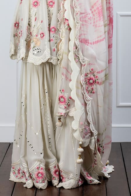 Buy Shian Beige Georgette Mirror Work Round Sharara Set With Tie And Dye Dupatta Online at Aza Fashions Buy_Shian_Beige Georgette Mirror Work Round Sharara Set With Tie And Dye Dupatta _Online_at_Aza_Fashions