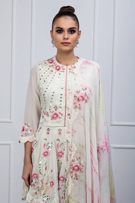 Shop Shian Beige Georgette Mirror Work Round Sharara Set With Tie And Dye Dupatta Online at Aza Fashions Shop_Shian_Beige Georgette Mirror Work Round Sharara Set With Tie And Dye Dupatta _Online_at_Aza_Fashions