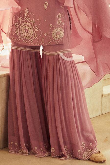 Shian_Pink Georgette Floral Motifs, Pearls Boat Neck Embroidered Kurta Gharara Set _Online_at_Aza_Fashions