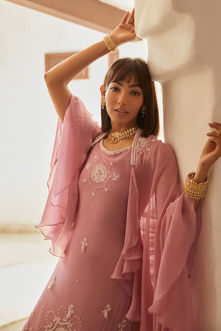 Buy_Shian_Pink Georgette Floral Motifs, Pearls Boat Neck Embroidered Kurta Gharara Set _Online_at_Aza_Fashions