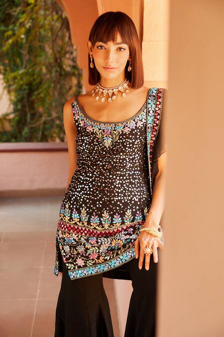 Shop_Shian_Black Organza, Georgette, Dupion Silk Cutdana, Embroidered Kurta Sharara Set _at_Aza_Fashions