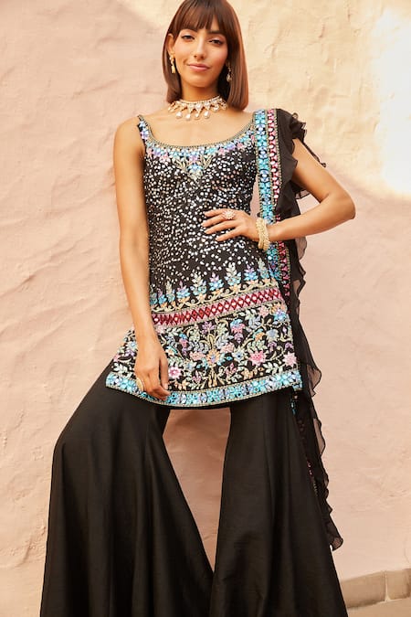 Buy_Shian_Black Organza, Georgette, Dupion Silk Cutdana, Embroidered Kurta Sharara Set _Online_at_Aza_Fashions