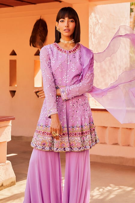 Shop_Shian_Purple Organza, Georgette Cutdana, Mirror Work, Embroidered Kurta Gharara Set _at_Aza_Fashions