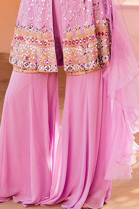 Shian_Purple Organza, Georgette Cutdana, Mirror Work, Embroidered Kurta Gharara Set _Online_at_Aza_Fashions