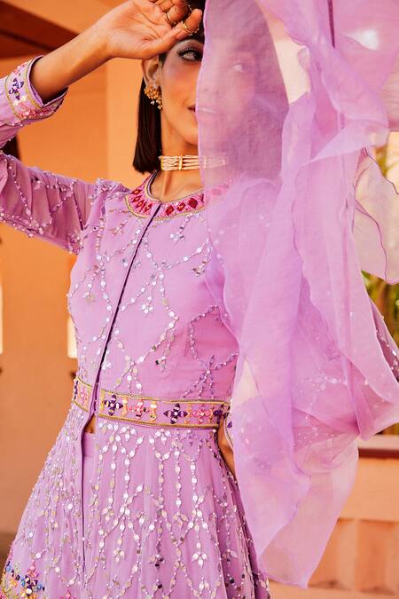 Buy_Shian_Purple Organza, Georgette Cutdana, Mirror Work, Embroidered Kurta Gharara Set _Online_at_Aza_Fashions