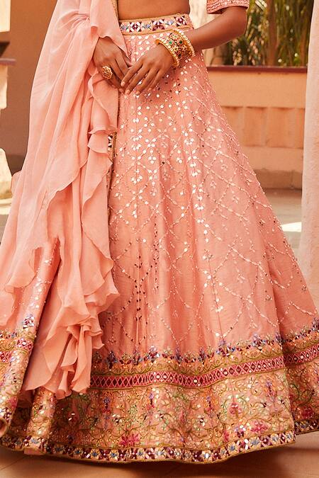 Shian Pink Organza, Dupion Silk Cutdana, Mirror Work, Embroidered Bridal Lehenga Set Online at Aza Fashions Shian_Pink Organza, Dupion Silk Cutdana, Mirror Work, Embroidered Bridal Lehenga Set _Online_at_Aza_Fashions