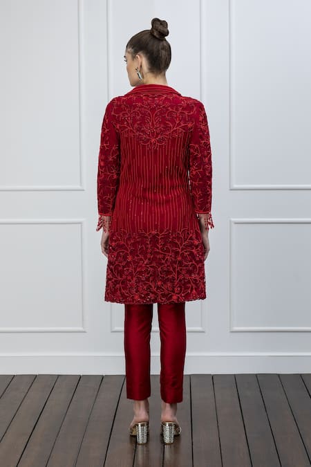 Shop Shian Red Net, Dupion Silk Thread And Beads Notched Collar Embroidered Jacket & Pant Set at Aza Fashions Shop_Shian_Red Net, Dupion Silk Thread And Beads Notched Collar Embroidered Jacket & Pant Set _at_Aza_Fashions