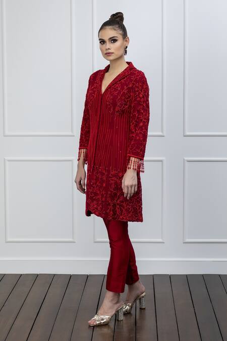 Shian Red Net, Dupion Silk Thread And Beads Notched Collar Embroidered Jacket & Pant Set Online at Aza Fashions Shian_Red Net, Dupion Silk Thread And Beads Notched Collar Embroidered Jacket & Pant Set _Online_at_Aza_Fashions