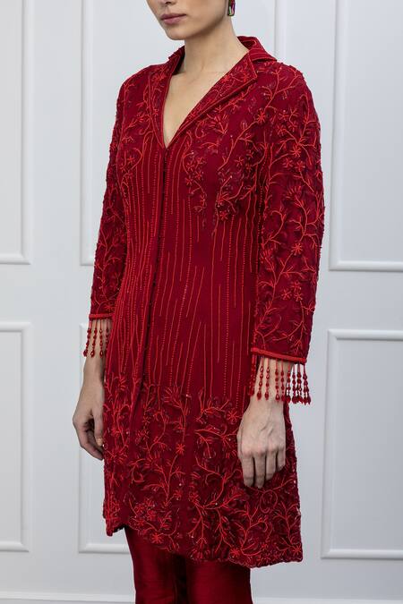 Shop Shian Red Net, Dupion Silk Thread And Beads Notched Collar Embroidered Jacket & Pant Set Online at Aza Fashions Shop_Shian_Red Net, Dupion Silk Thread And Beads Notched Collar Embroidered Jacket & Pant Set _Online_at_Aza_Fashions
