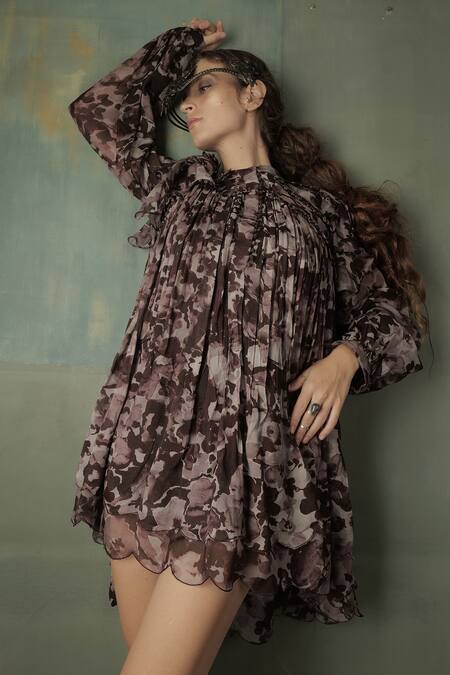 Nidhi Yasha_Black Viscose Printed Abstract Jewel Neck Dress  _Online_at_Aza_Fashions