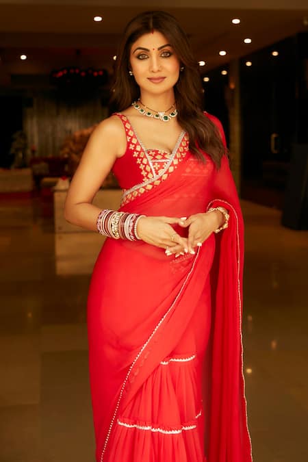 Gopi Vaid_Red Blouse Tussar Silk, Saree Georgette Floral, Pre-draped With Embroidered _Online_at_Aza_Fashions