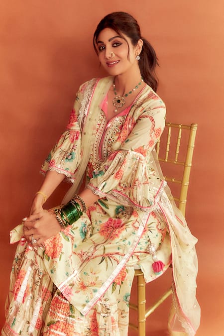 Gopi Vaid_Yellow Cotton Silk And Net Floral Print, Gota Patti & Mirror Kurta Sharara Set_Online_at_Aza_Fashions