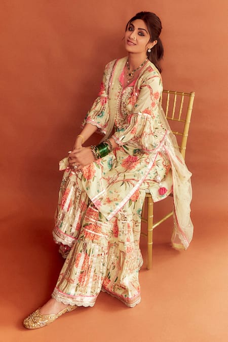Buy_Gopi Vaid_Yellow Cotton Silk And Net Floral Print, Gota Patti & Mirror Kurta Sharara Set_Online_at_Aza_Fashions