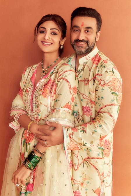 Shop_Gopi Vaid_Yellow Cotton Silk And Net Floral Print, Gota Patti & Mirror Kurta Sharara Set_Online_at_Aza_Fashions