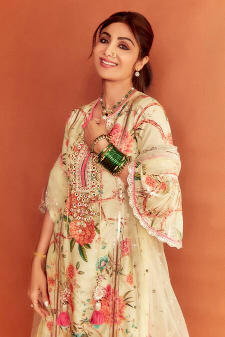 Gopi Vaid_Yellow Cotton Silk And Net Floral Print, Gota Patti & Mirror Kurta Sharara Set_at_Aza_Fashions