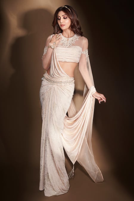 Tarun Tahiliani Metallic Draped Saree with Blouse 