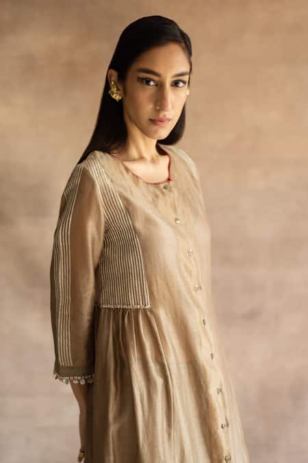 Buy_Swatti Kapoor_Beige Handwoven Chanderi Printed Block Round Shima Kurta _Online_at_Aza_Fashions