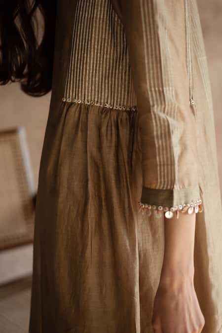 Shop_Swatti Kapoor_Beige Handwoven Chanderi Printed Block Round Shima Kurta _Online_at_Aza_Fashions