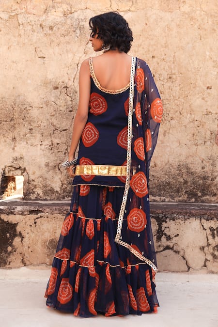 Shop Gulabo Jaipur Blue Georgette Bandhani Scoop Neck Shinaz Print Kurta Sharara Set at Aza Fashions Shop_Gulabo Jaipur_Blue Georgette Bandhani Scoop Neck Shinaz Print Kurta Sharara Set _at_Aza_Fashions