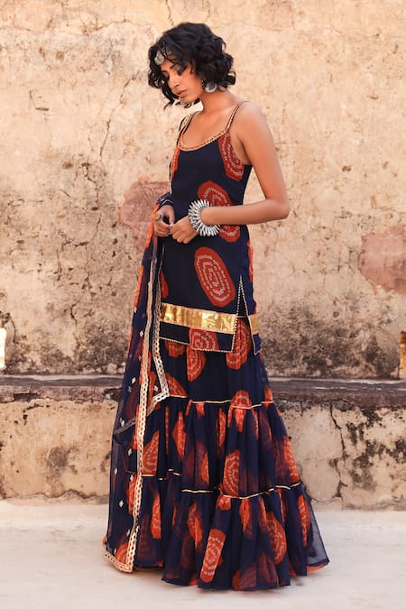 Gulabo Jaipur Blue Georgette Bandhani Scoop Neck Shinaz Print Kurta Sharara Set